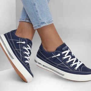 Skechers Arch Fit Arcade Dark Blue Sneakers with White Accents- slip on no ties